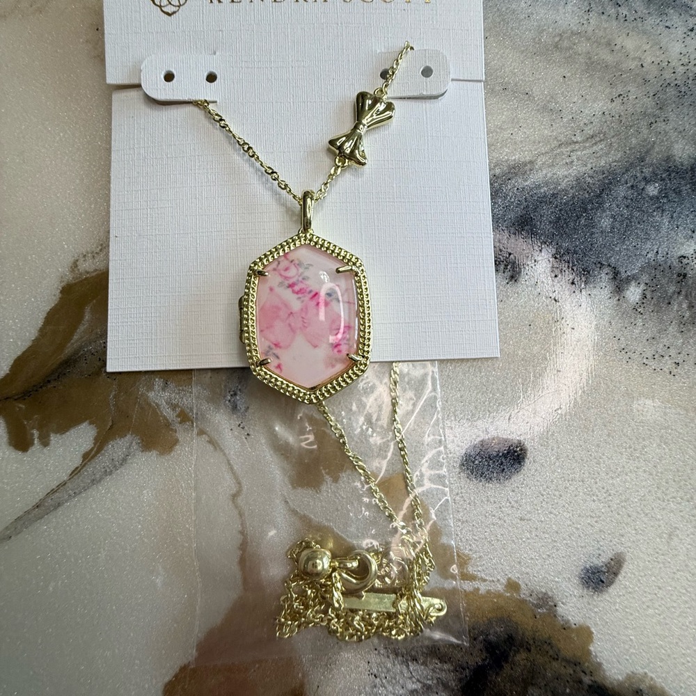 Kendra Scott x LoveShackFancy Pink Marble Floral Locket Necklace NWT Bow Detail